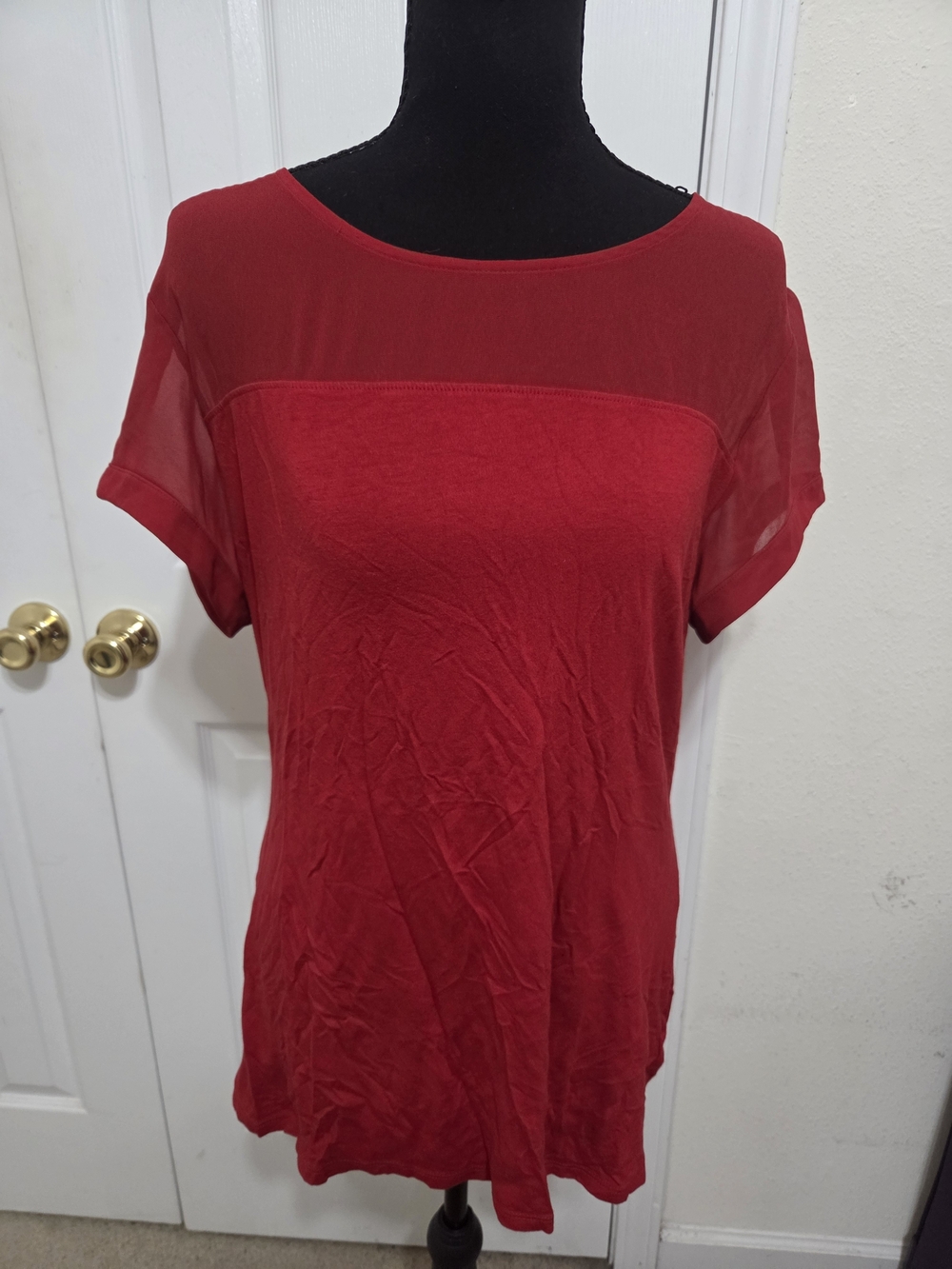 Express Red Short Sleeve Top with Sheer Yoke